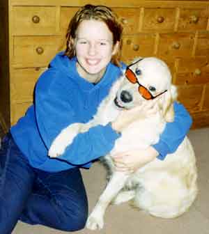 Au Pair Dog Carers Golden Retriever Magic posing in sunglasses with Marie